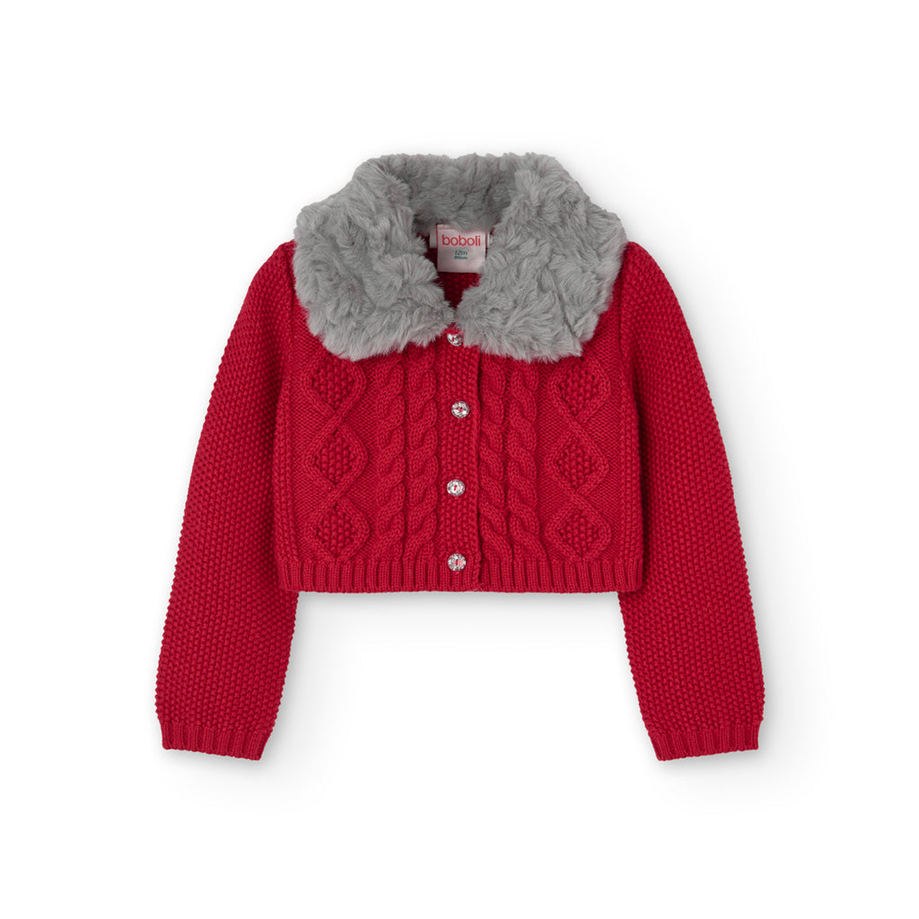 Boboli Red Knit Cardigan with Faux Fur Detail