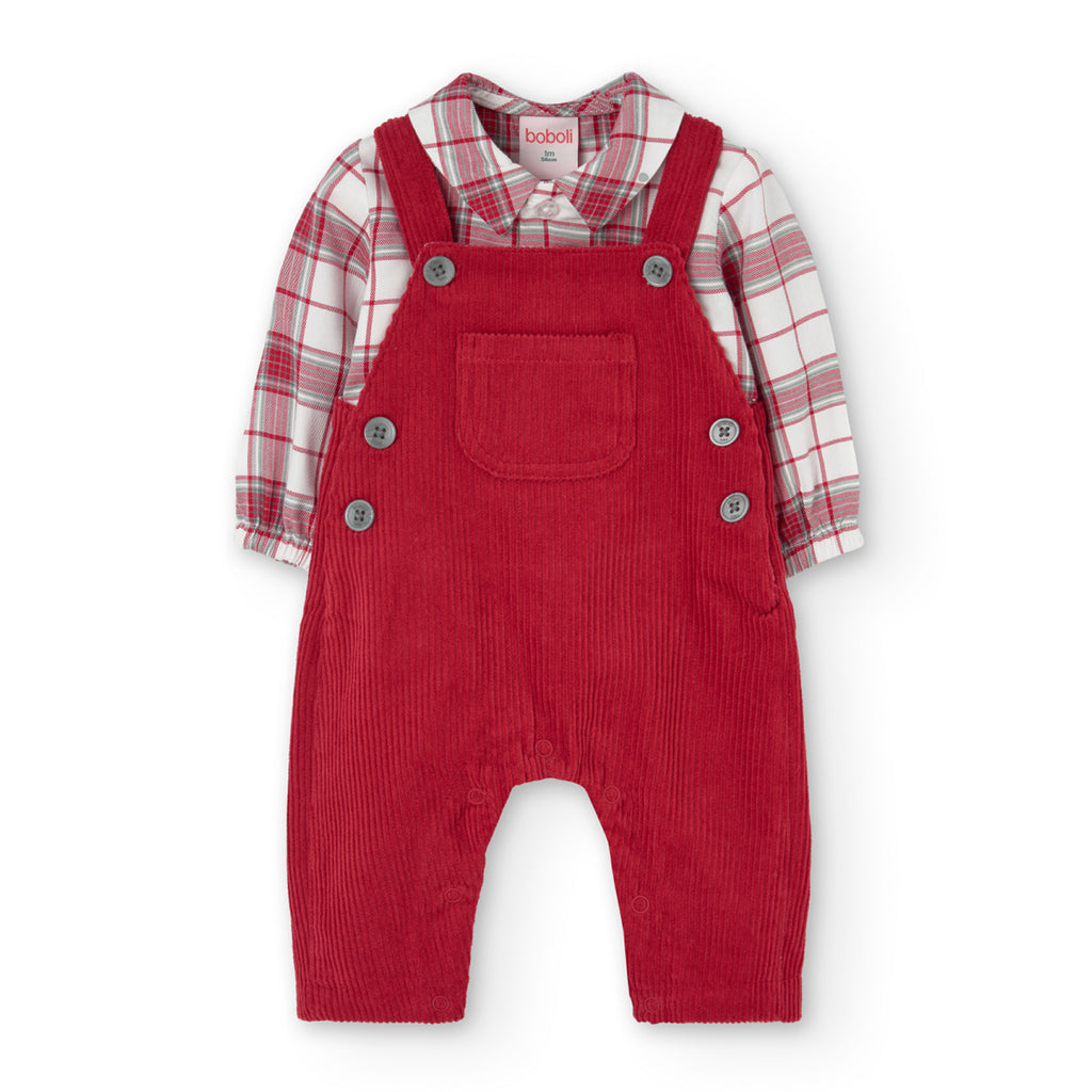 Boboli Red Dungaree & Check Shirt Set