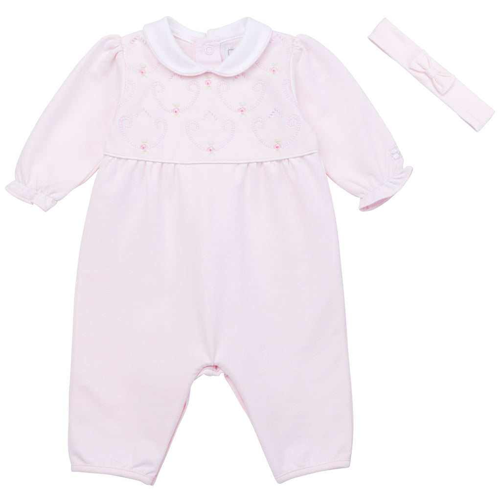 Emile et Rose Heidi Pink Embroidered Babygrow & Hairband Set