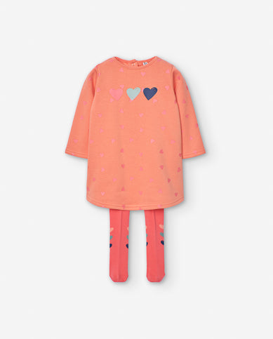 Losan Orange Heart Print Dress & Tights Set