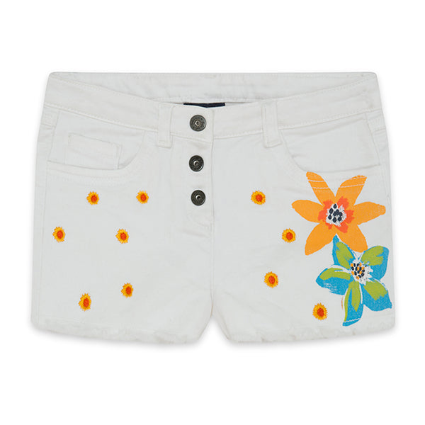 Tuctuc White Denim Shorts with Flower Print Detail